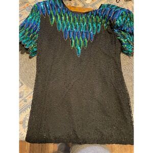 Stenay Vintage Silk Beaded Sequin Peacock Dress Black Blue Green Women Size 16